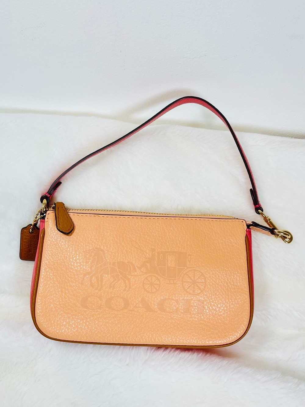 Coach Peach Pebbled Leather Shoulder Pouch with Pink Trim
